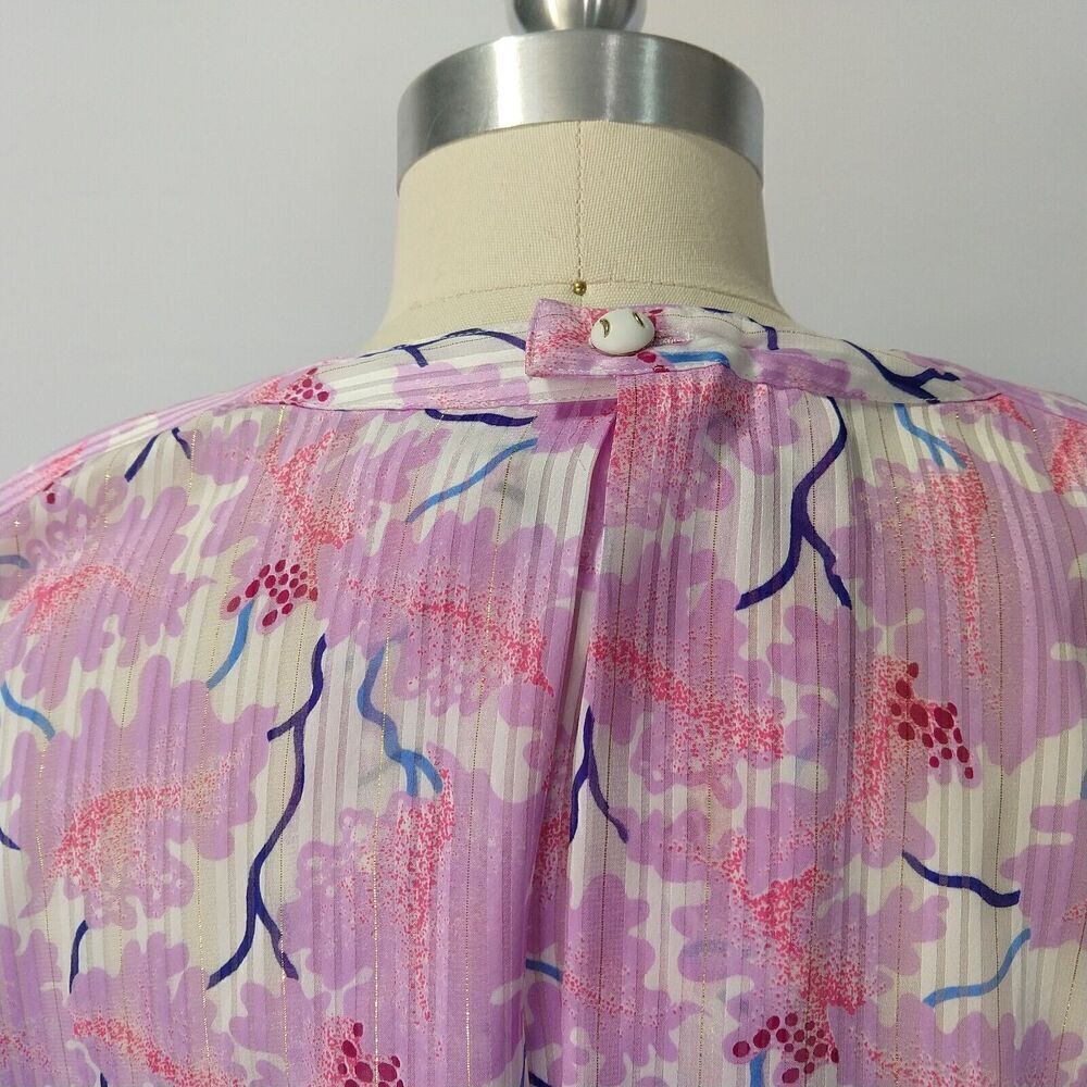 Vintage 80s Floral Blouse Size M Purple Georgette Bow Glam Long Sleeve Metallic - Picture 6 of 9